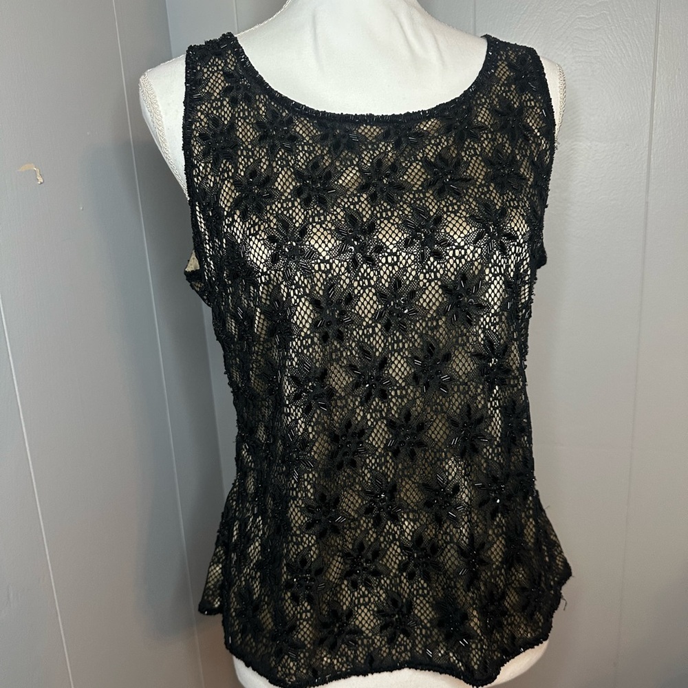 Brilliante by J.A. Beaded Lace Tank Top | Vintage Glam | Size L
